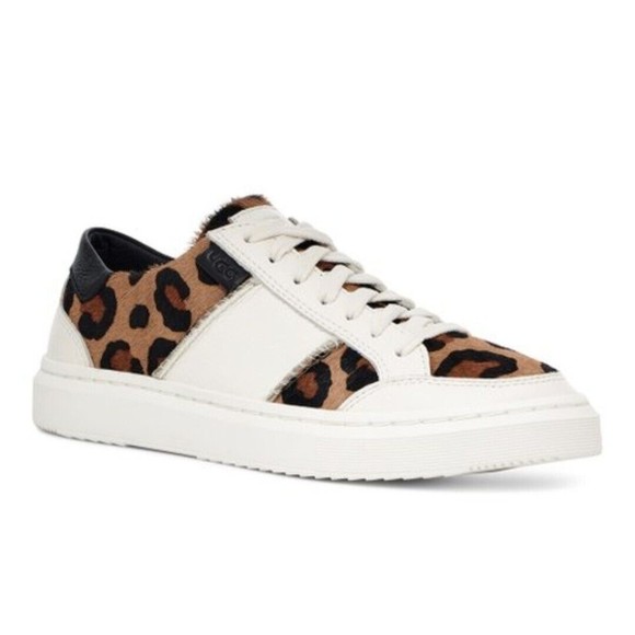 UGG White leather and Tan Leopard Print fur Sneakers - Picture 1 of 5